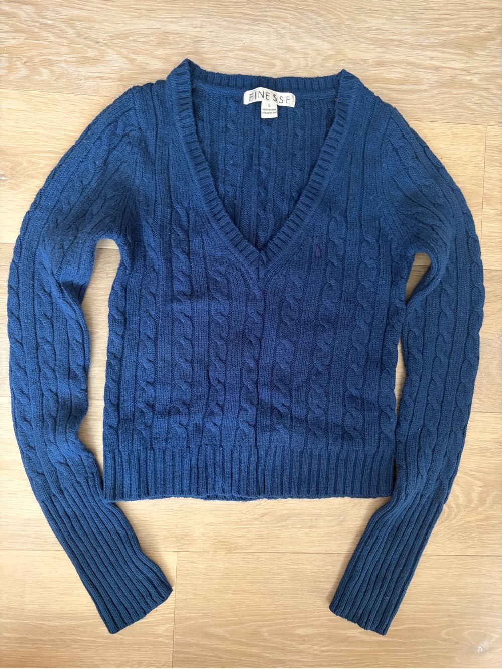 Finesse Navy Blue Cable Knit V Neck Sweater Size L